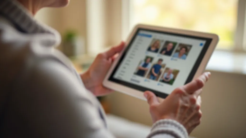 Hands holding tablet showing photo gallery with family pictures