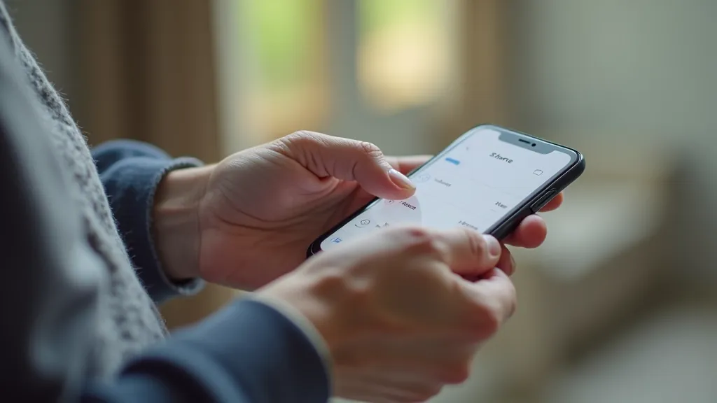 Hands aged 65 demonstrating smartphone sharing process, finger pointing at share button on screen, clear instructional view
