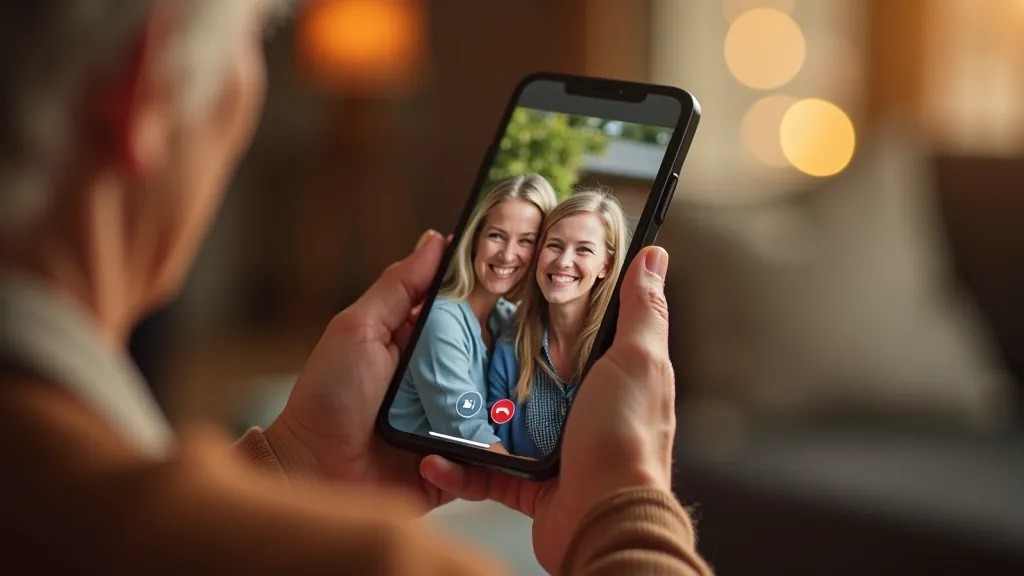 Grandmother video calling with family members using a mobile phone application