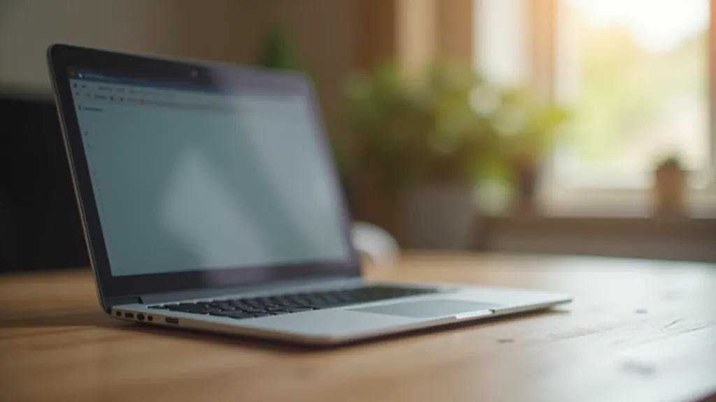 Laptop on wooden desk positioned at eye level with ring light beside it, home office setup with blurred background, professional lighting