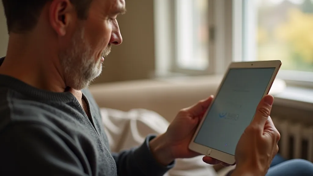 Person aged 65 holding tablet in hands, looking at screen with clear focused expression, home environment, natural window lighting