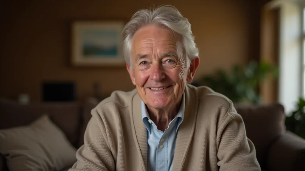 Older person smiling confidently at camera, seated comfortably in chair, home setting with soft lighting, warm and welcoming atmosphere