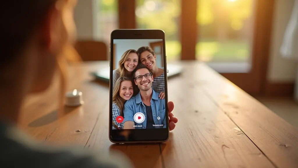 Smartphone on desk showing Zoom video call interface with participant faces