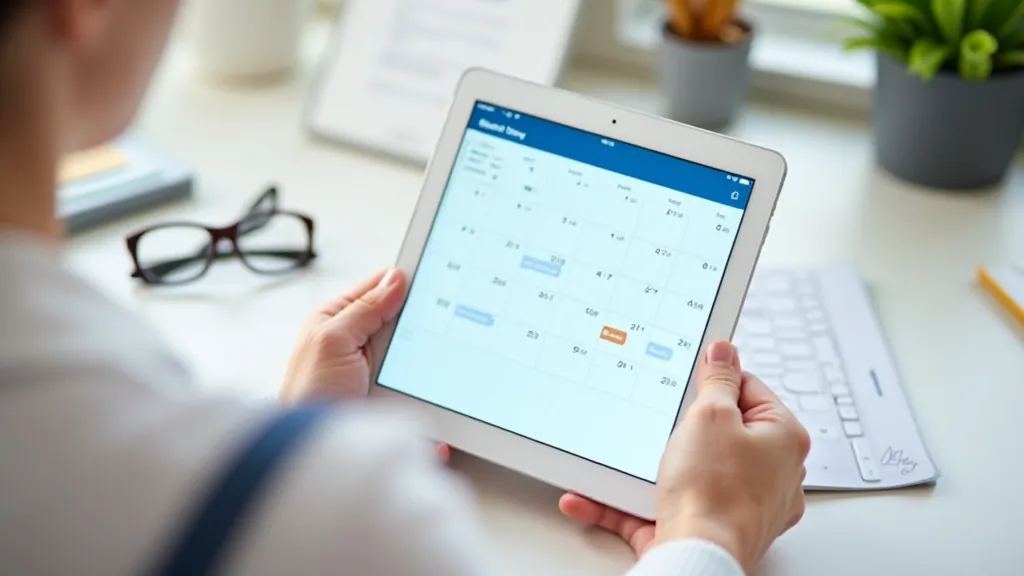 Tablet screen showing calendar app with large readable dates and medication reminders set up