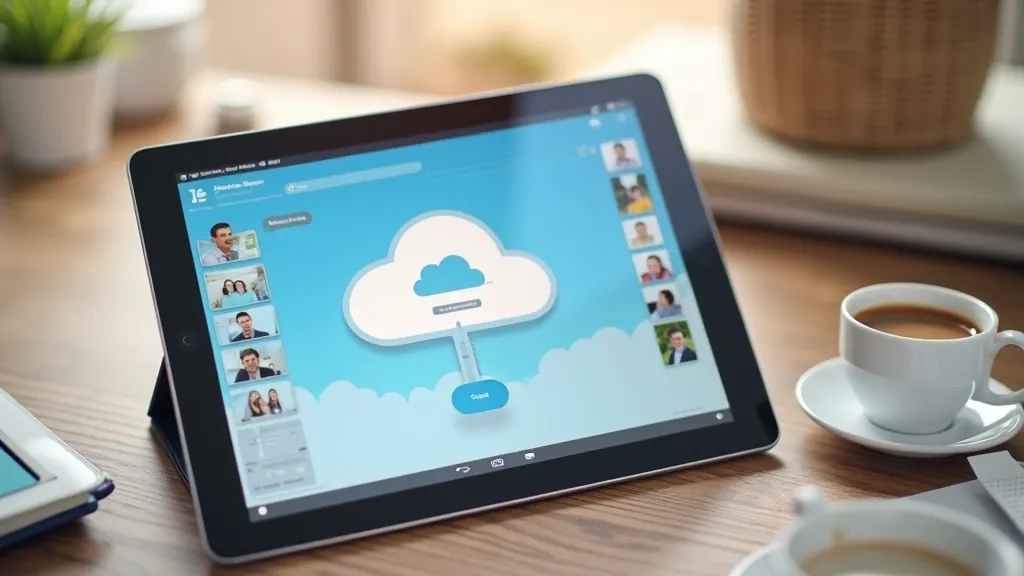 Tablet screen showing cloud storage app with photo albums, colorful thumbnails organized in folders, organized file structure