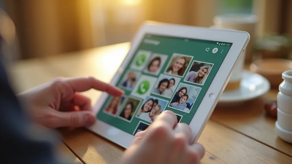 Tablet screen showing WhatsApp photo sharing interface with image gallery and send option visible