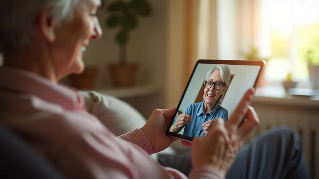 Woman aged 60 smiling while holding tablet, video calling with grandchildren, warm living room lighting