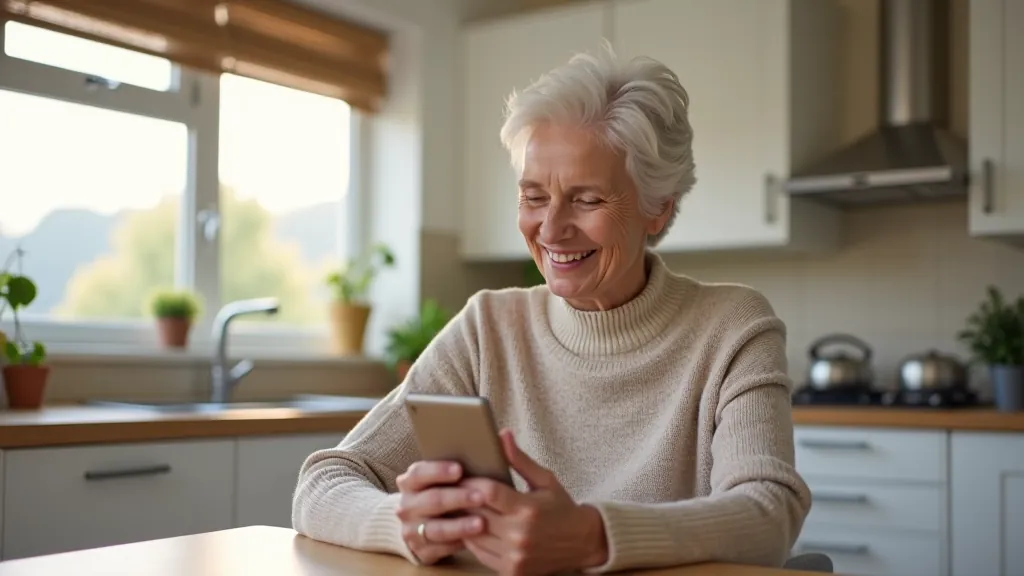 Senior woman smiling while looking at smartphone with calendar notification visible on screen